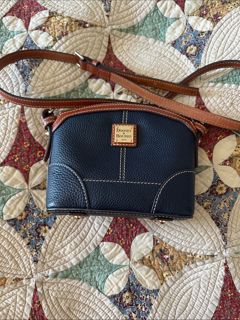 Dooney & Bourke Navy Pebbled Leather Crossbody with Brown Trim